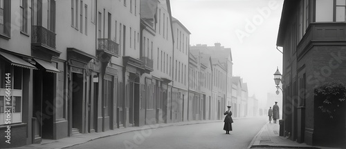Old black and white empty street photograph from Edwardian era from Generative AI