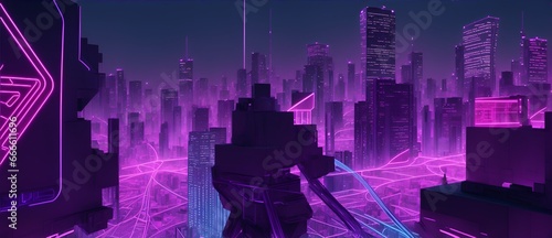 Purple hologram of a city made up of lines of neon lights from Generative AI