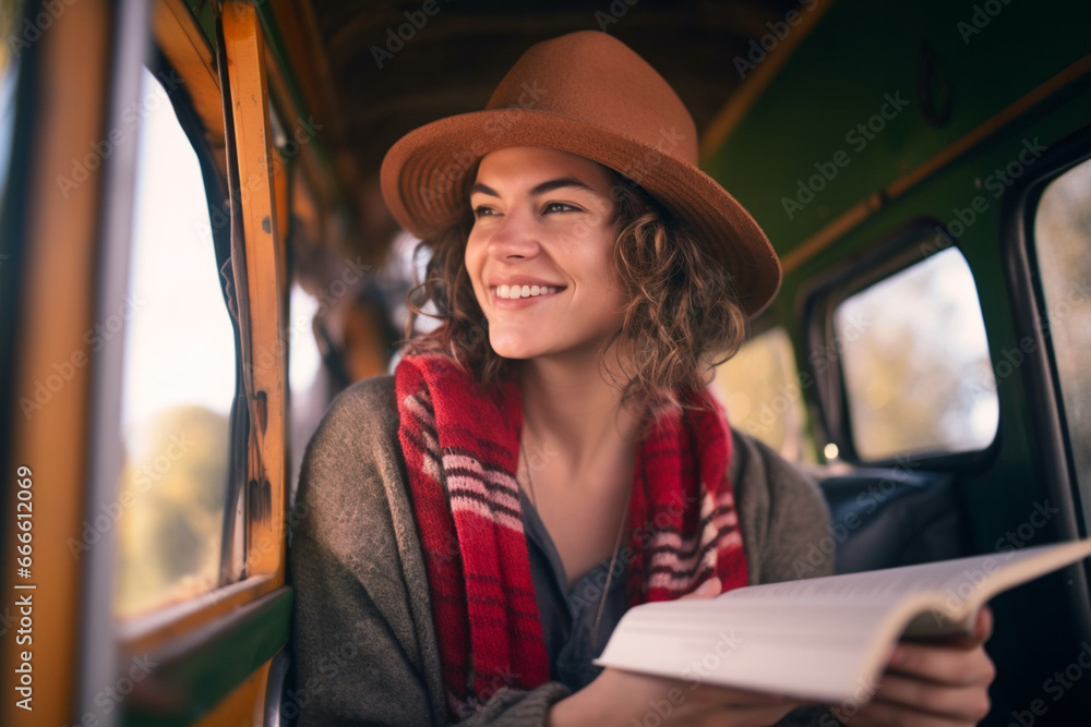 Smiling Woman Reading Book In Her Van Smiling Woman Reading Book In Her Van