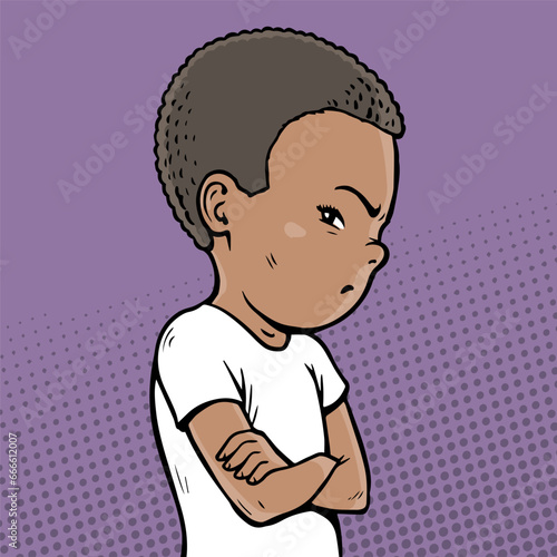 Offended little boy. Stubborn pose. Dissatisfied child. Difficulty raising a child. Cartoon vector illustration pop art. Hand drawn line