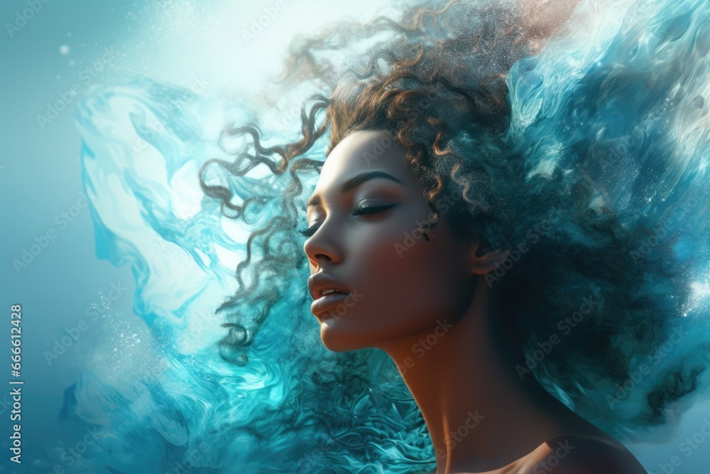 The abstract image of a woman is mixed with the image of the ocean. Unity with nature, peace and tranquility. Double exposure The abstract image of a woman is mixed with the image of the ocean. Unity with nature, peace and tranquility. Double exposure