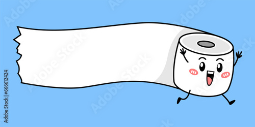 Cute toilet paper character running sideways. Isolated on blue background. Vector illustration.