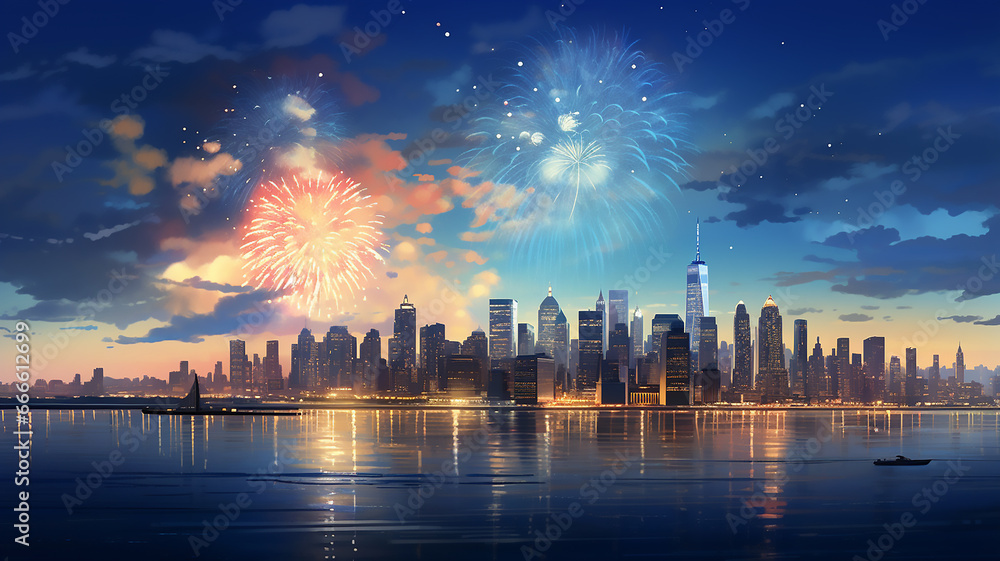 Fireworks over the city skyline of new york. minimalist background. Generative AI