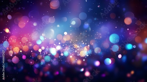 Neon background with bokeh and tiny particles, explosion and swirl of sparkles and confetti