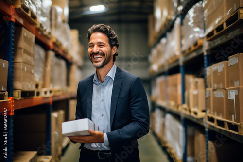 Smiling supervisor looking at stock arranged on shelves in warehouse