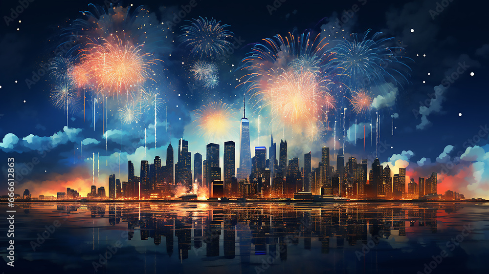 Fireworks over the city skyline of new york. minimalist background. Generative AI