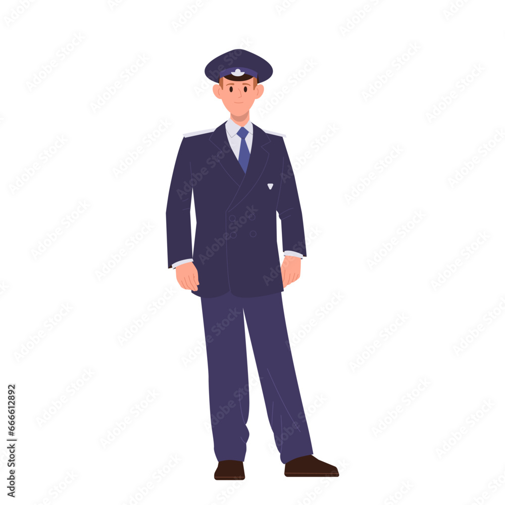 Train driver cartoon character wearing uniform, professional staff providing railway service