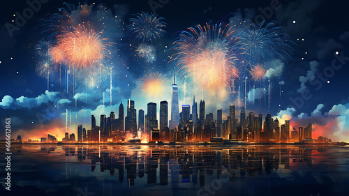 Fireworks over the city skyline of new york. minimalist background. Generative AI