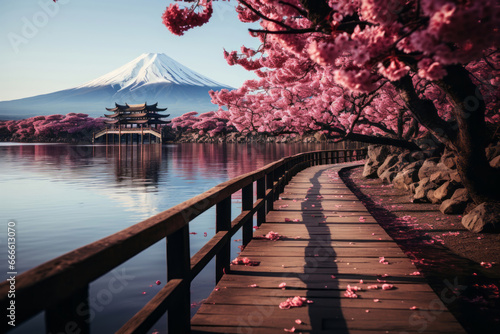Tranquil Cherry Blossom Lake with Mountain Horizon and Greenery Reflections. Tranquil morning, pink cherry blossoms reflect on serene lake. (ID: 666613070)