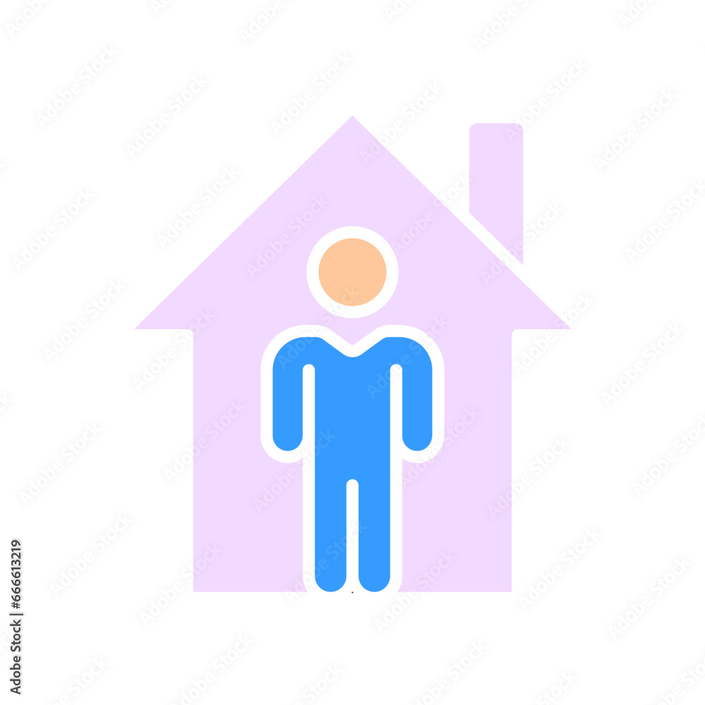 Man on house background line icon. Self-isolation, stay at home, remote work, learning from home. Vector color icon on white background for business and advertising Man on house background line icon. Self-isolation, stay at home, remote work, learning from home. Vector color icon on white background for business and advertising