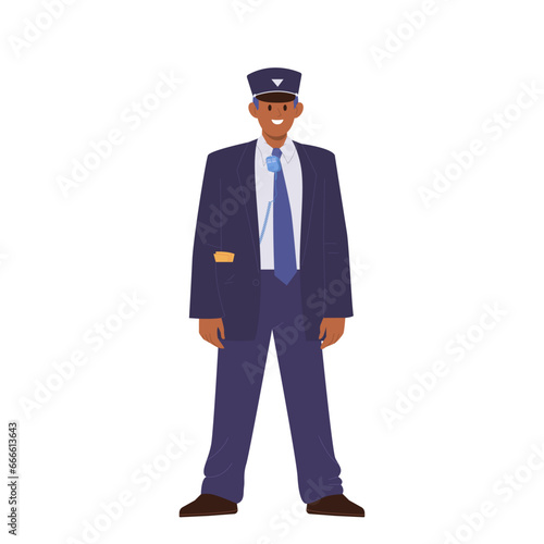 Train conductor cartoon character providing professional service for passenger in public transport