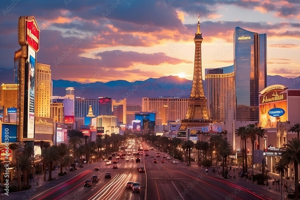 Las Vegas strip sunset - obrazy, fototapety, plakaty 