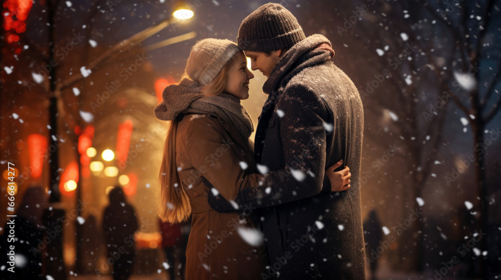 Happy young couple loving each other standing against the backdrop of christmas fair lights on street, wearing coats in snow Happy young couple loving each other standing against the backdrop of christmas fair lights on street, wearing coats in snow