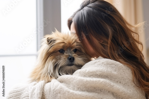 Close up of woman hugging cute dog. Pet concept of happiness and healing.