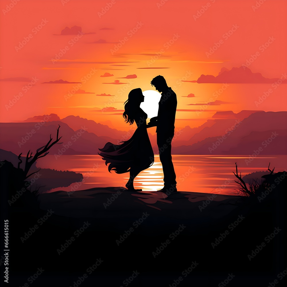 man proposes girl to sunset in silhouette