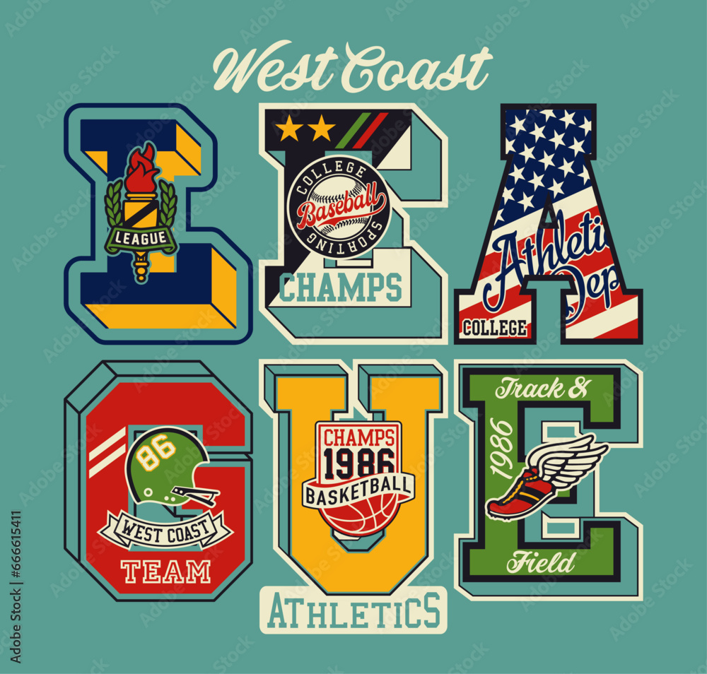 West coast college sporting athletic department abstract vintage vector artwork with font initials for t shirt sweatshirt jacket print or embroidery patches