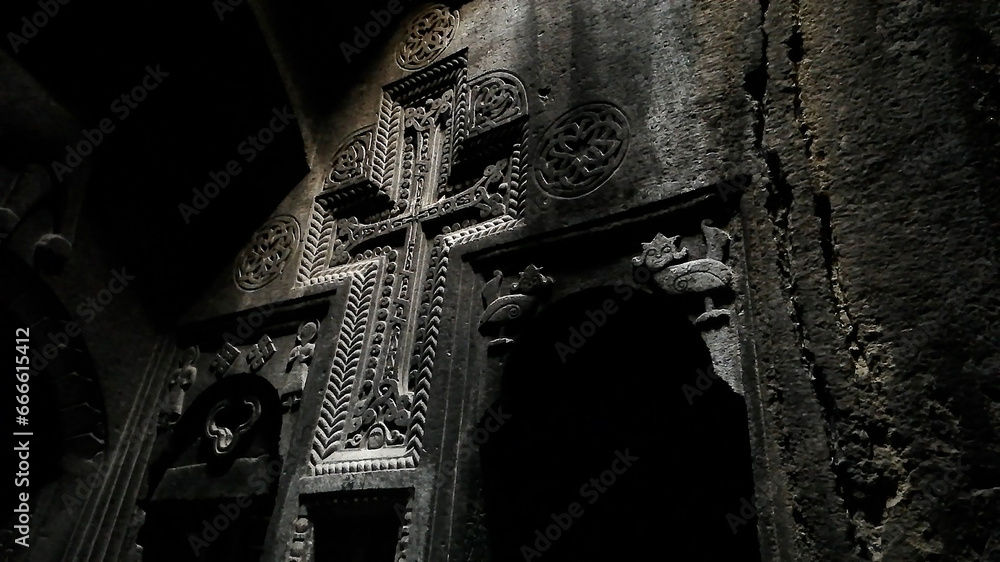 The first rock cut chamber in Geghard Monastery, Armenia. 