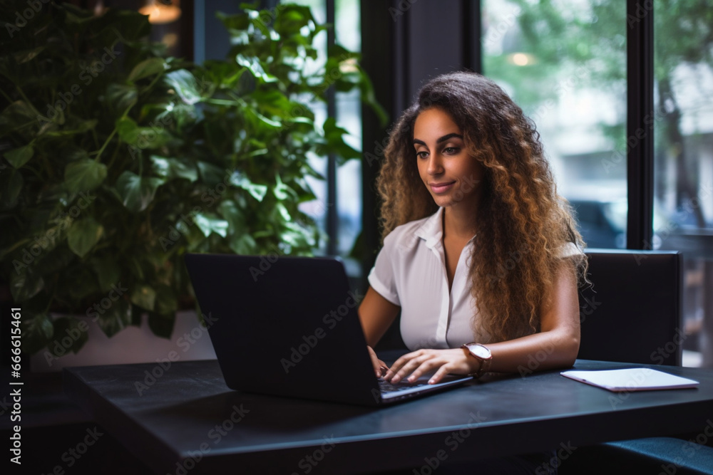 Smiling Businesswoman Using A Laptop Computer In The Cafe