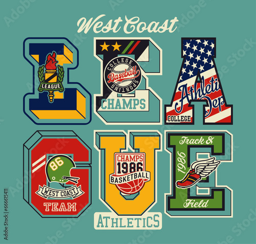 West coast college sporting athletic department abstract vintage vector artwork with font initials for t shirt sweatshirt jacket print or embroidery patches