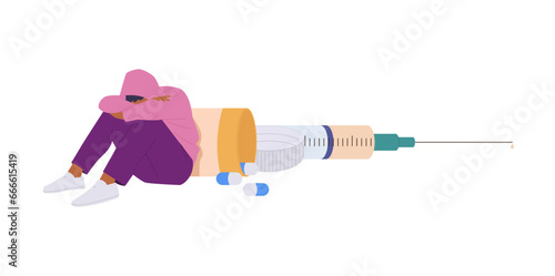 Sad unhappy man cartoon character sitting on huge syringe suffering from narcotic drugs addiction