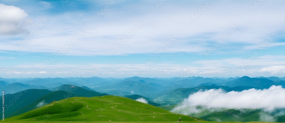 View from top of the mountain with green colored clouds from Generative AI