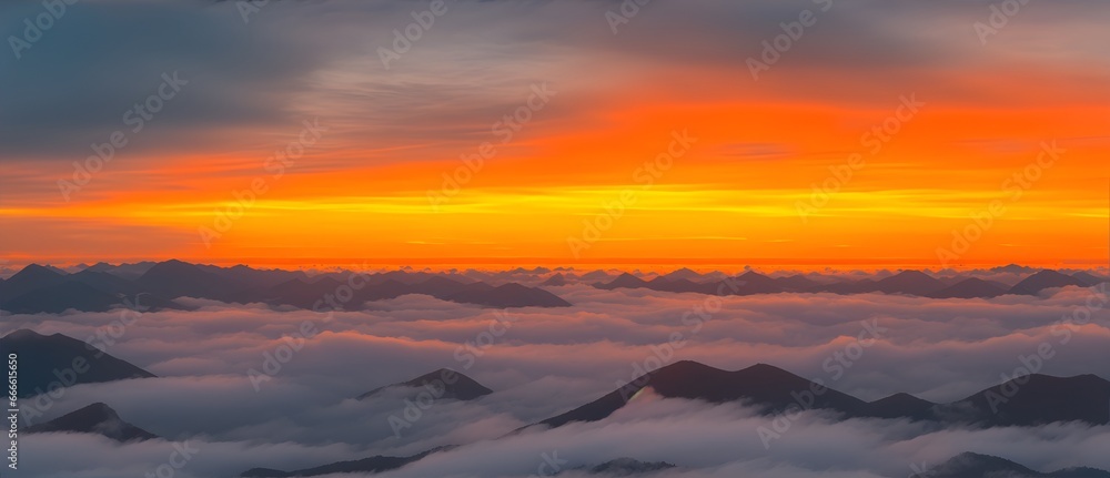 View from top of the mountain with orange clouds from Generative AI