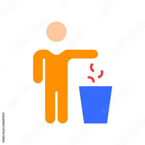 Man throwing out trash line icon. Clean streets, recycling, trash can, sorting, dump, cleaning. Vector color icon on white background for business and advertising