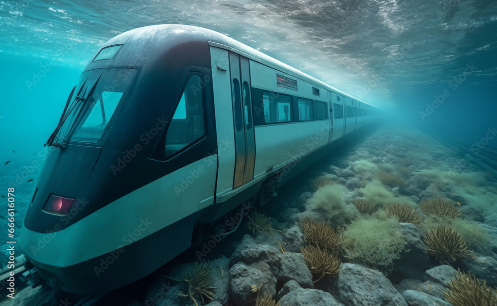 Train in Underwater railway. Underwater highspeed train on underway