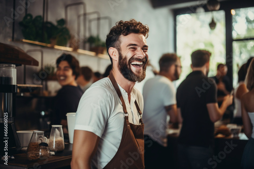 Smiling barista enjoys the aroma of coffee beans in cafeteria