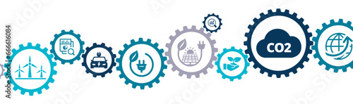 Reduce CO2 emission banner vector illustration with the icons of carbon footprint, limit global warming, climate change, sustainable development, green business, renewable energy, electric transport