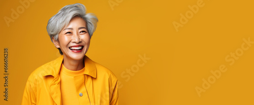 Happy smiling confident senior old Asian gray haired female looking at camera with happy gesture. Active old woman lady on yellow studio background. Full of life positive lifestyle concept. Copy paste