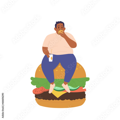 Fat man cartoon character sitting on huge burger eating unhealthy fast food drinking soda beverage