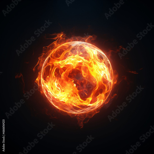 Glowing ball of flame and fire on black background