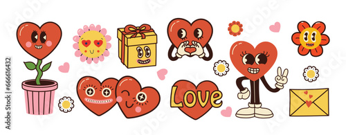 Retro happy Valentines day. Comic happy heart character in trendy retro 60s 70s cartoon style. Retro characters and elements. Groovy hippie love sticker set.