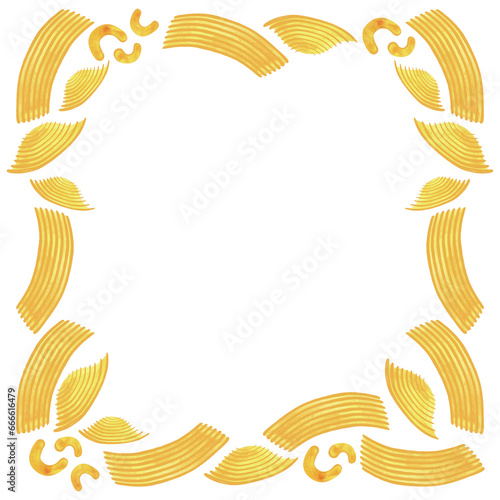 A square frame of different types of Italian pasta for designing menus, certificates and booklets, and advertising cafes. Isolated watercolor illustration. Clipart.