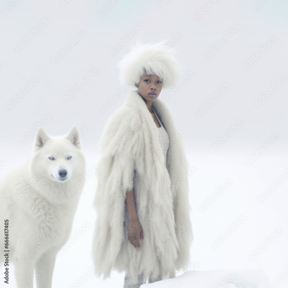 Beautiful young woman with white hair wearing fur coat walking in snow field with wolf. Dreamlike style Beautiful young woman with white hair wearing fur coat walking in snow field with wolf. Dreamlike style