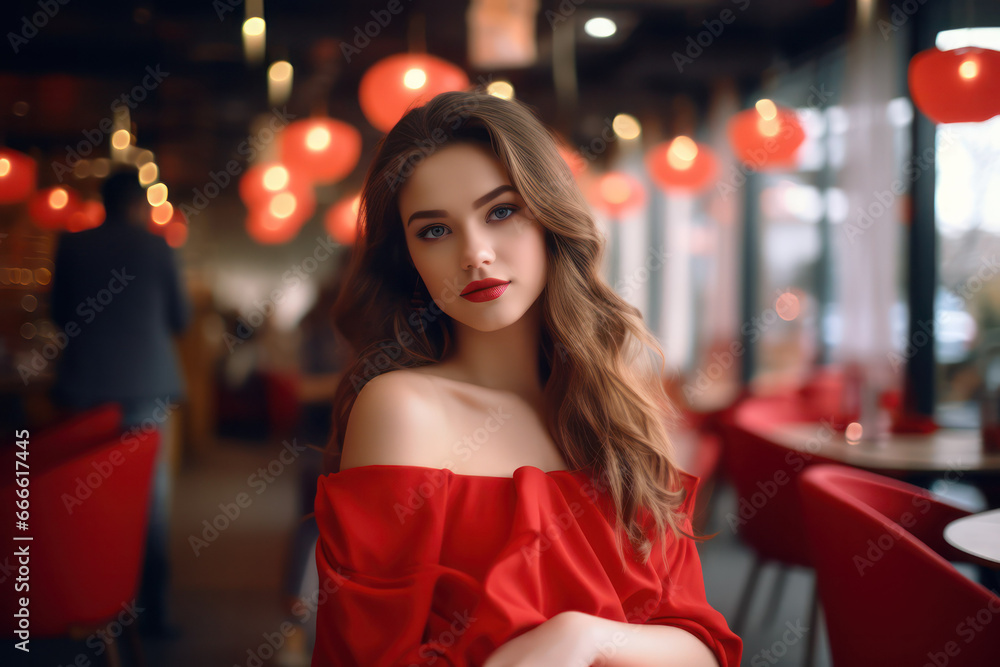 Elegant Woman in Restaurant with Red Color Scheme