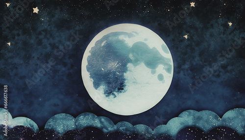 illustrazione con grande luna piena dai riflessi azzurri in un cielo notturno stellato con nuvole
