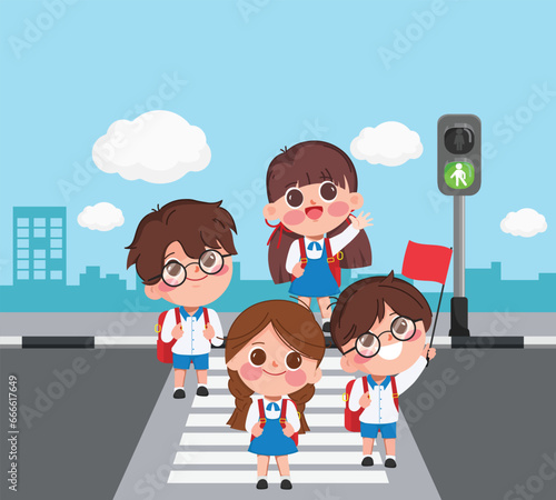 Cute cartoon children crossing the crosswalk by green color traffic light.