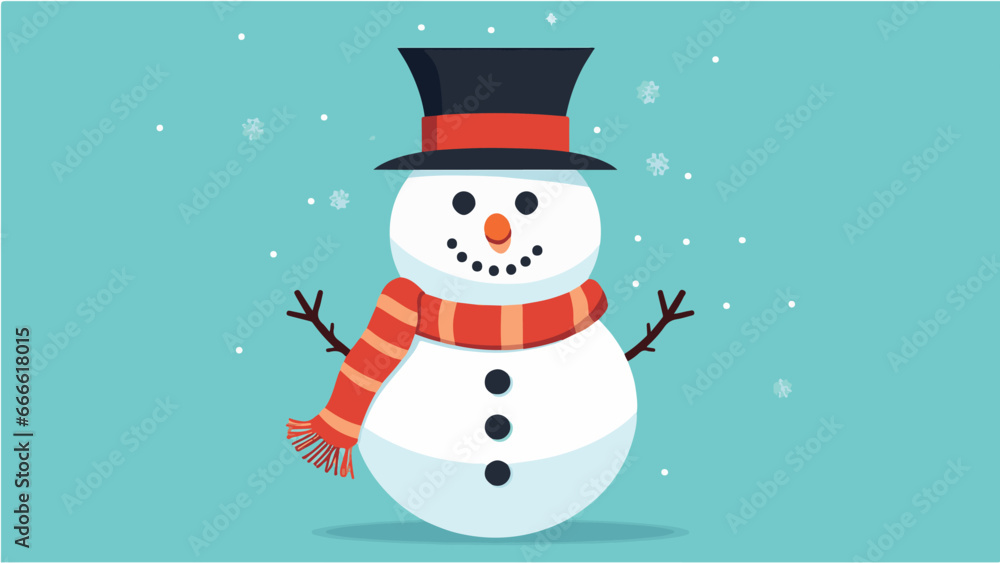 Bonhomme de neige mignon et souriant avec écharpe, carotte et chapeau, ia générative