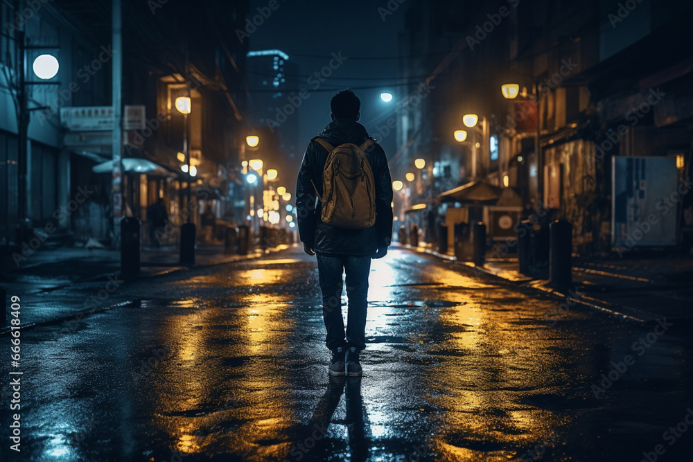 Single Person Walking on Street in the Dark Night