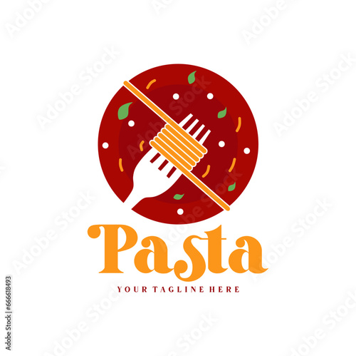 Spaghetti pasta noodle logo illustration. Pasta logo icon with a combination of noodles or pasta, fork