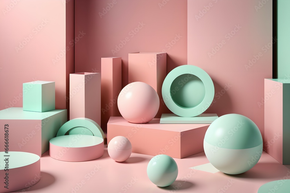 4. Illustrated 3D design with the theme of round ball, cylindrical shape, and square shape. the art of mint and pink. Generative AI 4. Illustrated 3D design with the theme of round ball, cylindrical shape, and square shape. the art of mint and pink. Generative AI