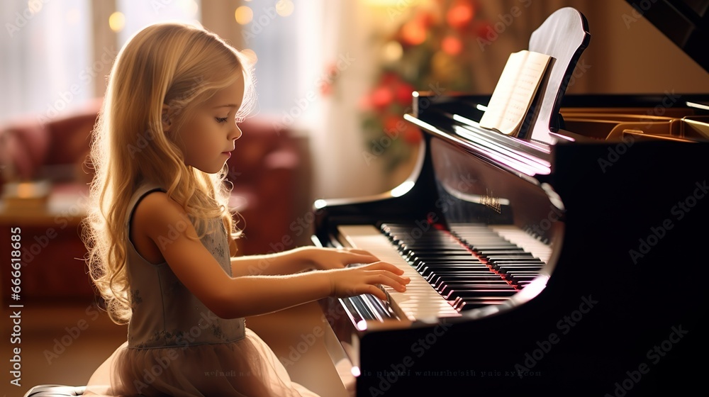 Girl playing piano made with Ai generative technology, Person is fictional - obrazy, fototapety, plakaty 
