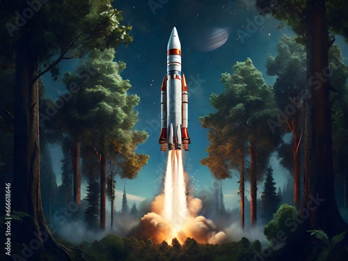 Rocket launch into the space in the woods. AI generated image.