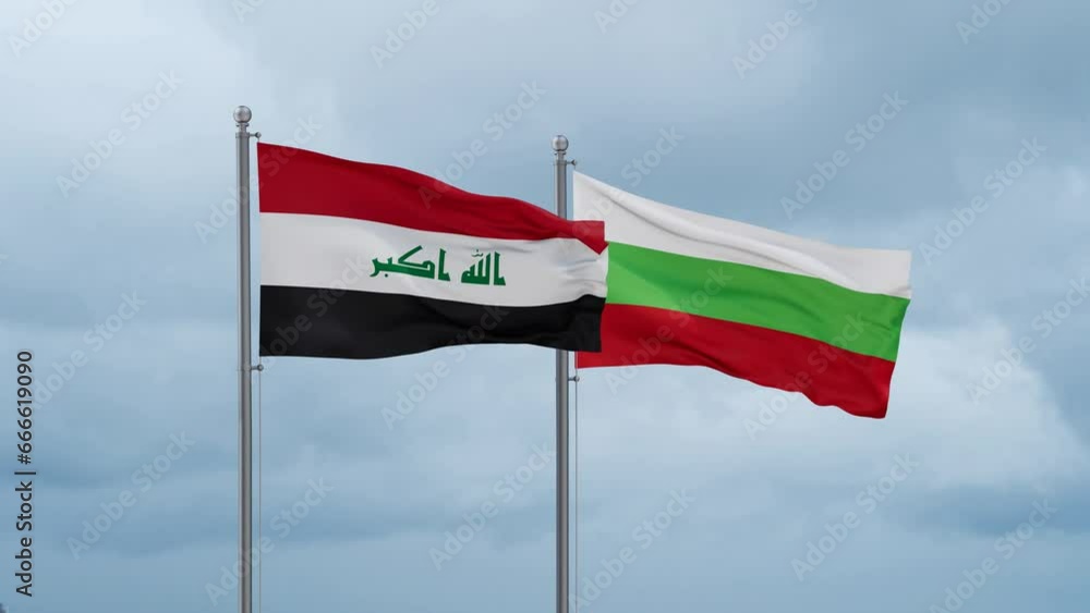 Bulgaria flag and Iraq flag waving together on cloudy sky, endless seamless loop, two country relations concept Bulgaria flag and Iraq flag waving together on cloudy sky, endless seamless loop, two country relations concept