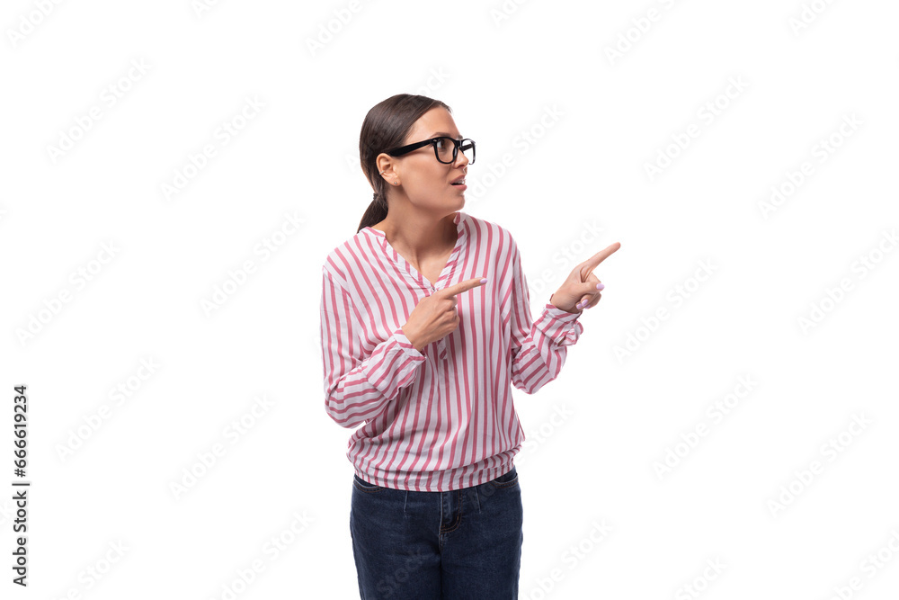 young charming leader woman with black hair in a light striped blouse young charming leader woman with black hair in a light striped blouse