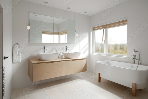 13. Modern bathroom and luxurious house design. Sink, bathtub, mirror and wooden furniture. Generative AI