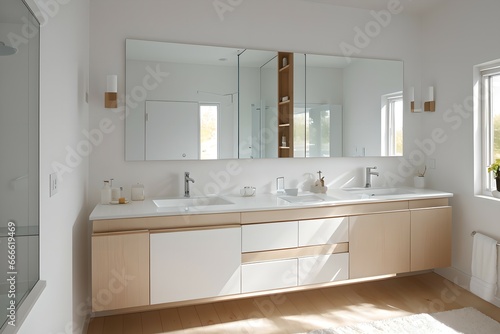9. Modern bathroom and luxurious house design. Sink  bathtub  mirror and wooden furniture. Generative AI