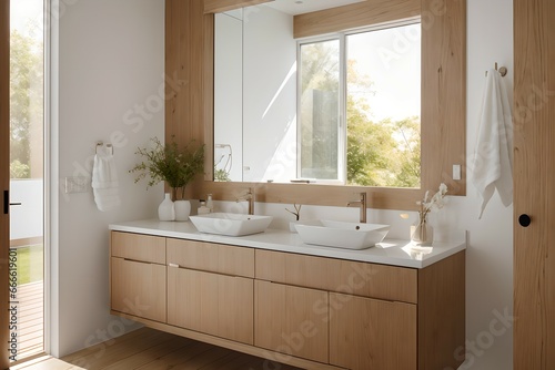 9. Photos of bathroom design interiors consisting of Scandinavian-style faucets  windows  tubs and sinks. Generative AI